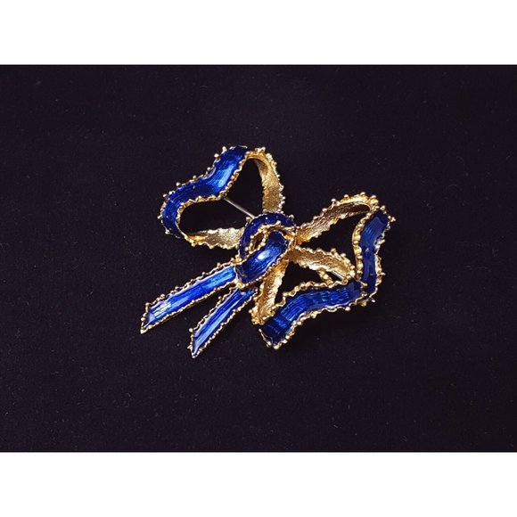 Vintage Victorian Tiffany & Co 18K Solid Yellow Gold Blue Enamel Bow Brooch Pin - Picture 5 of 16